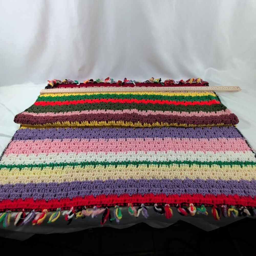 Vintage Handmade Crochet Baby Crib Blanket Colorful Striped Fringe 44x31